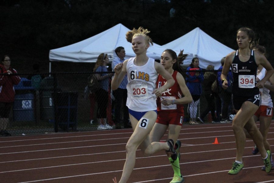 Sophomore, Madeline Heintz runs in the 3200 meters event. She won second place and is going to states. 
