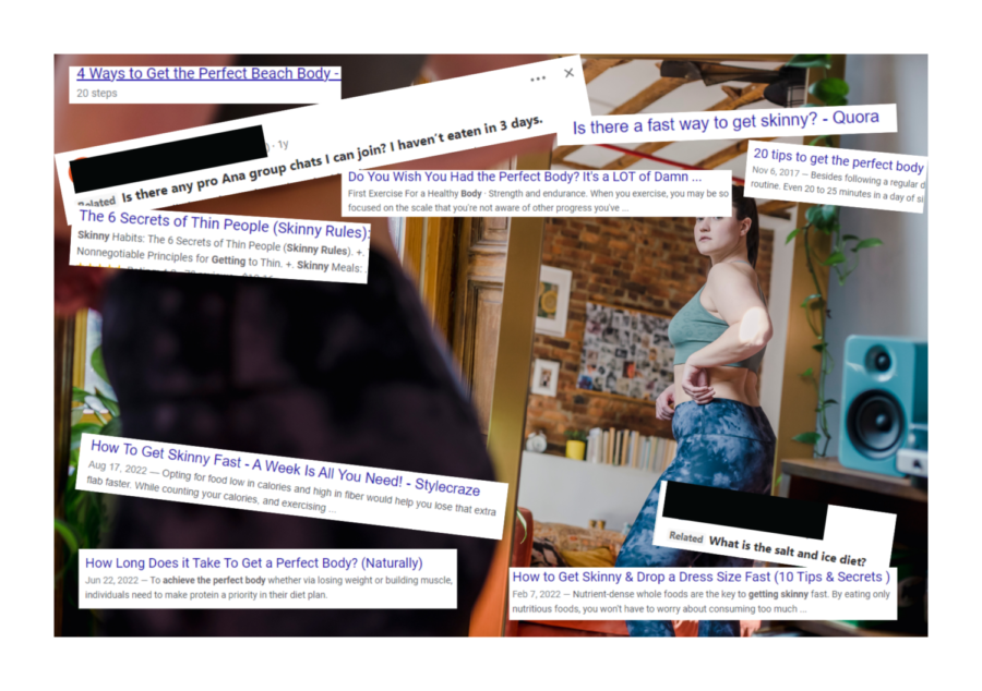 A woman looking in a mirror, surrounded by weight loss headlines. Perfect body trends have changed over the decades and are shaped by the media and society.