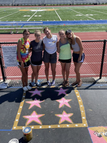 Metzger and friends pose in front of their Hollywood star track square. Senior track painting took place on Aug.19, 2022 and Aug.22, 2022 after school.