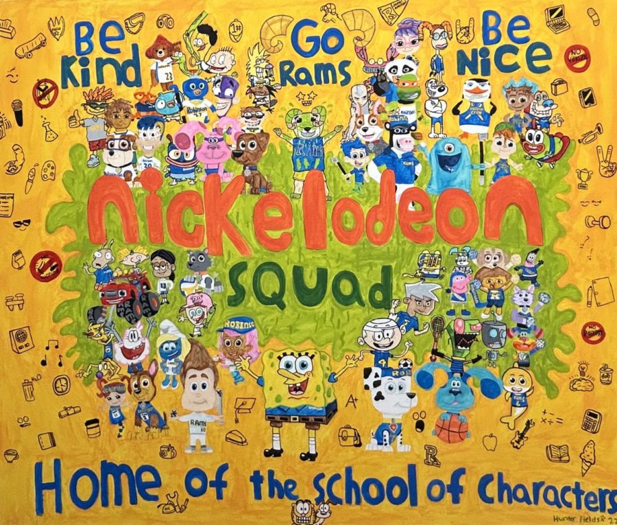A picture of senior Hunter Fields vibrant Nickelodeon mural. Fields’ mural was hung up on Dec. 26, 2022 and can be found in the main hallway near the 500 hallway.