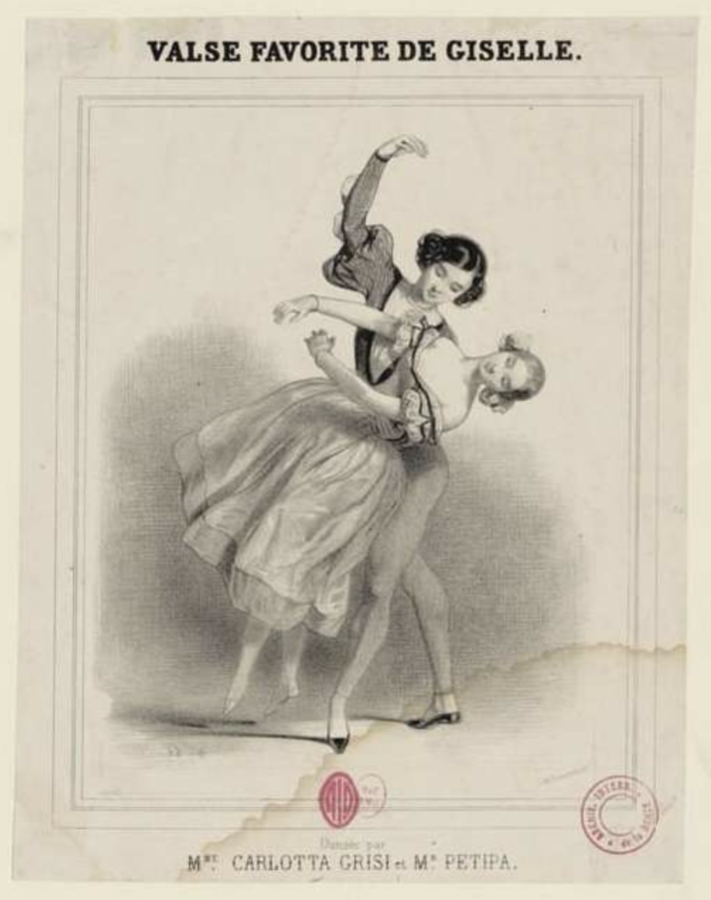 Giselle print from the original 1841 production, two people are shown dancing together. Originally created in 1841, this Giselle print features Caroletta Grisi and Petipa, the original lead dancers for the ballet. 