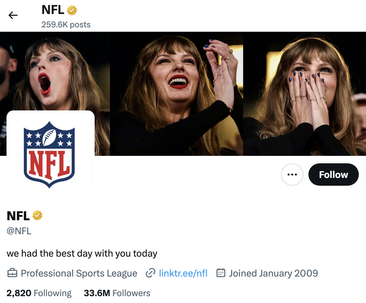 The NFLs official X account after Swift attended a Chiefs game in October 2023. Photo courtesy of @NFL on X.
