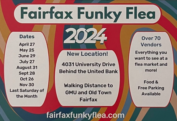 Image of 2024 dates of the Fairfax Funky Flea. With tons of unique items to purchase, delicious food, and kind people willing to help you, its the perfect activity for Saturday afternoons. 